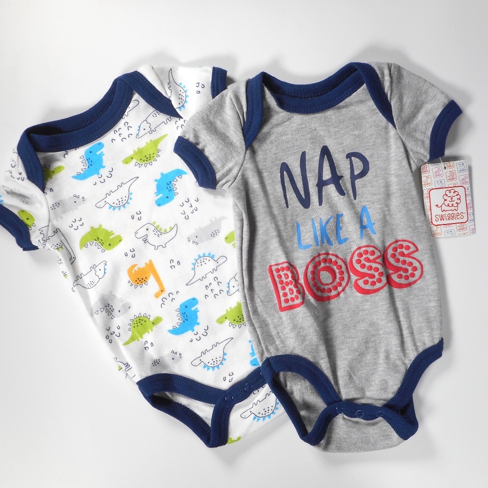 2 NWT Swiggles 3-6 Mo Baby Rompers Dinosaurs Boss White Navy Blue Infant
